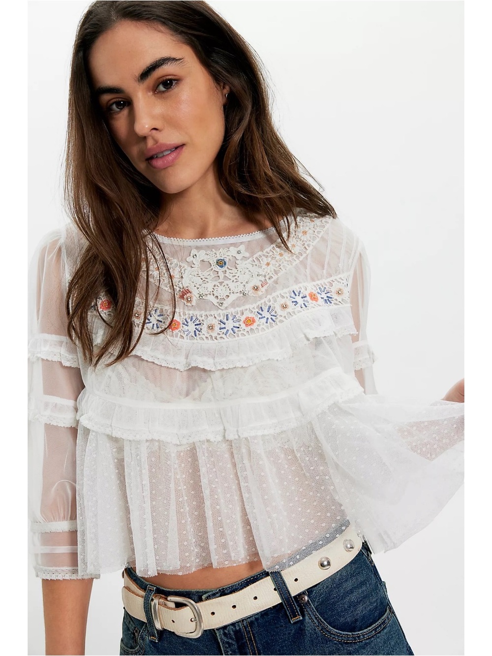 Free People Dainty Ethereal Beaded Lace Daisy Daze Blouse Marshmallow Large NWT